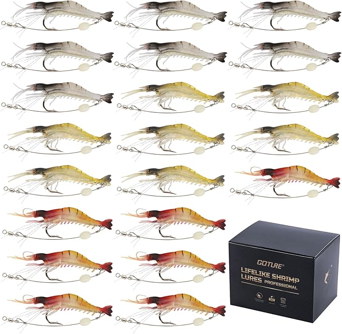 Goture Soft Shrimp Lures Fishing Saltwater Luminous Shrimp Bait Set Fishing Lures with Sharp Hooks for Freshwater Saltwater Trout Bass Salmon Crappie Walleye Pike Perch