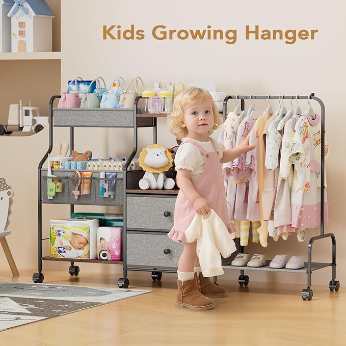 BBLIKE Diaper Caddy Organizer with Hanging Rack - 3 Tier Rolling Utility Cart with Drawers and Dividers for Baby Bottle Storage - Bedside Cart for Changing Station, Crib, Nursery, Bedroom, Gray