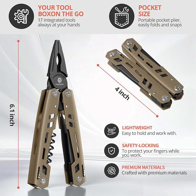 Multitool 17-in-1 Stainless Steel Multi Tool with Pocket Knife Needle Nose Pliers Bottle Opener Screwdriver Self-Locking Professional Multi-Tool for Outdoor Survival Gifts for Men(Brown)