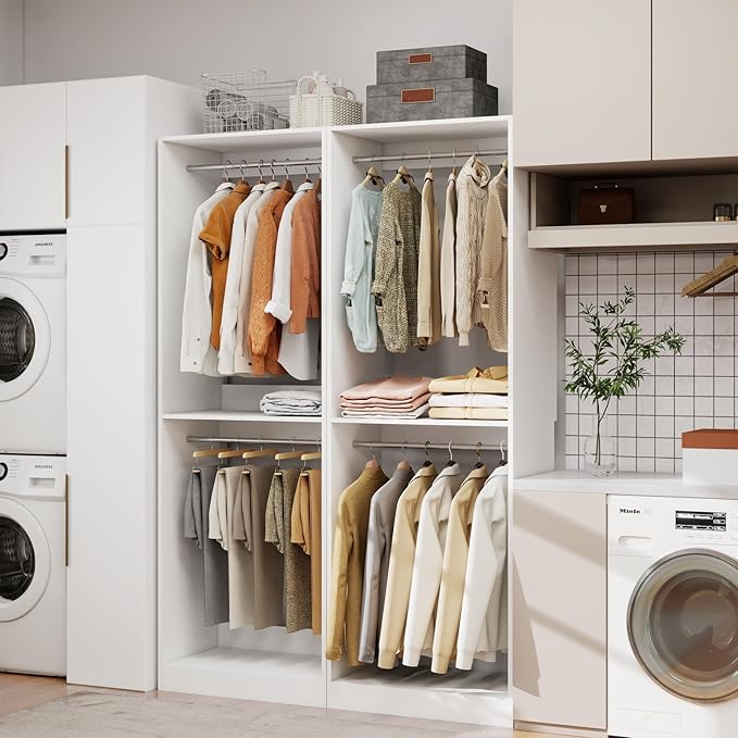 Closet System, 8FT Wood Closet Storage Organizer System with 12 Hanging Rods, 81" Tall Modular Closet System,Standalone Walk In Closet System,Set of 4, White