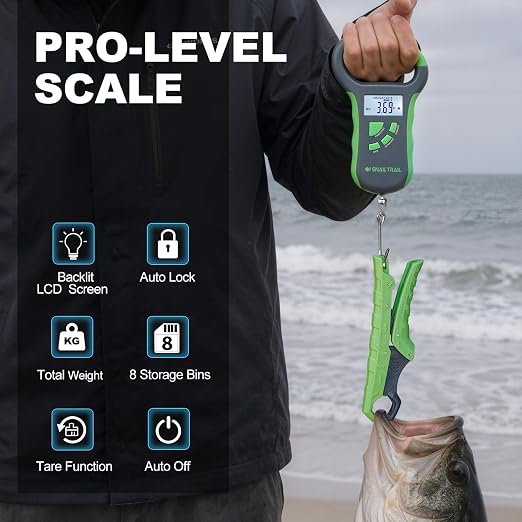 SNAIL TRAIL 8 Storage Bins Digital Bass Fishing Scale & 7.5'' Lip Gripper, Weighs Up to 50 lbs, Backlit LCD Display, Ergonomic Handle, Multi-Mode(LB, OZ/LB & KG), Tournament Fish Weigher for Anglers