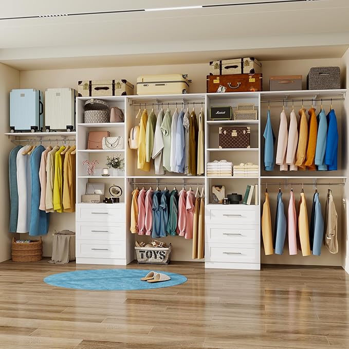 Closet System with Drawers, 5FT-8FT Closet Organizer System with 3 Side Top Shelves(Cuttable) & 3 Expandable Hanging Rods, 96" Walk in Closet Storage Shelving System, Walk in Closet System, White