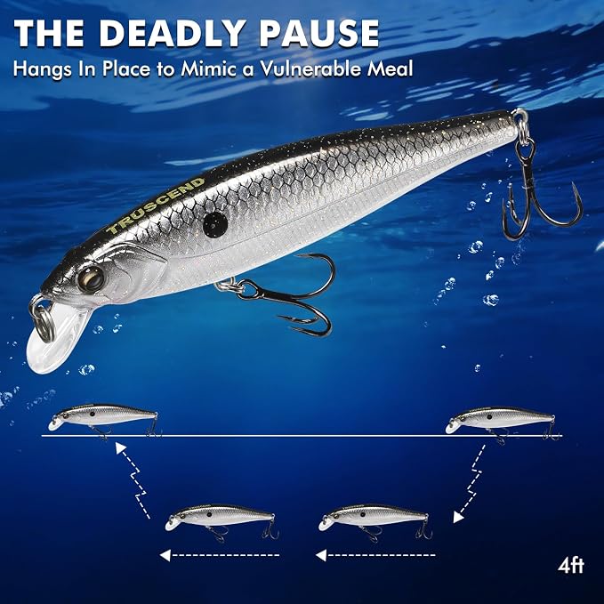 TRUSCEND Suspending Jerkbait, Rattle Minnow Lures with BKK Hooks, Freshwater Bass Trout Striper Walleye Pike Fishing Lures, Variety Pack for All Water Conditions, Premium Fishing Gear and Gifts