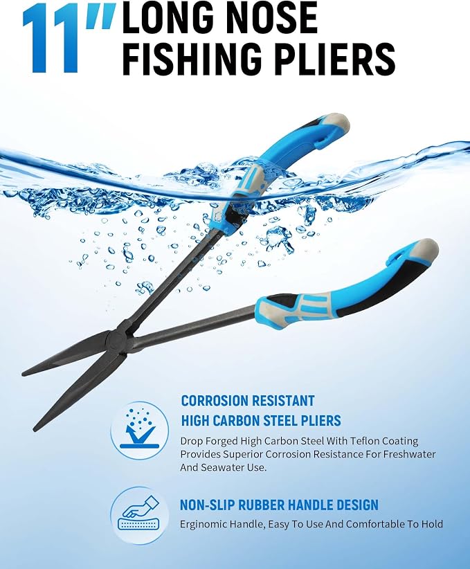 11" Long Nose Fishing Pliers, Straight & Bent Jaws, PTFE Coated Corrosion Resistant, Hook Remover & Braid Cutter Fishing Needle Nose Pliers, Saltwater Freshwater Gear for Bass Snook Trout