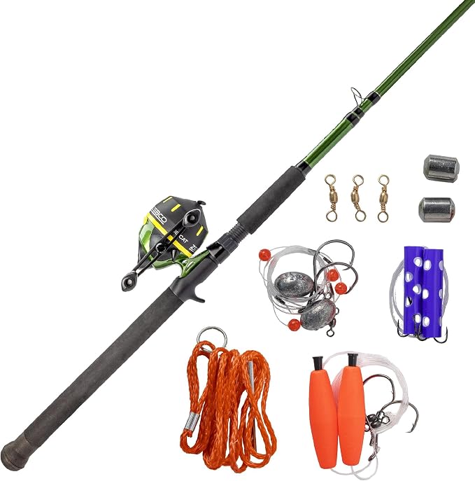 Zebco 606 Big Cat Spincast Reel and Fishing Rod Combo, 7-Foot 2-Piece Telescopic Rod, Medium-Heavy Power, Size 60 Reel, 11-Piece Eagle Claw Tackle Kit
