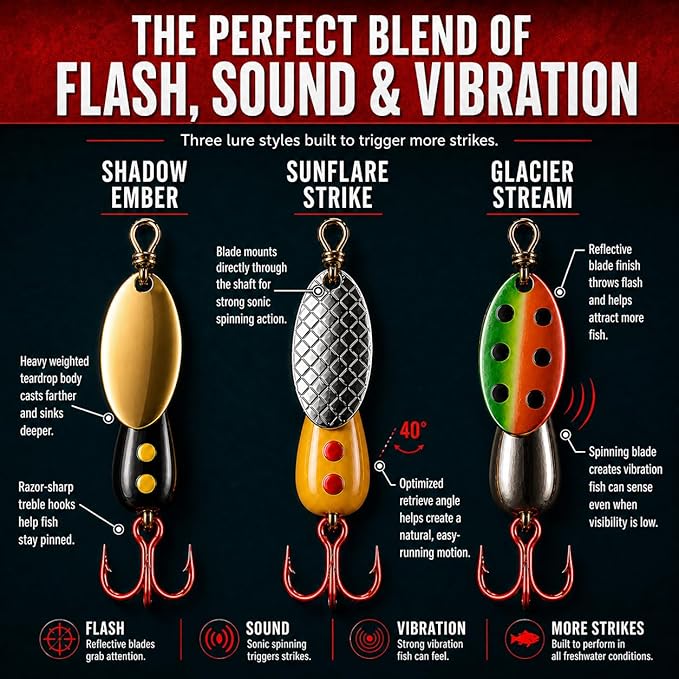 Spinning Fishing Lures for Freshwater – Inline Spinner 3-Pack for Trout, Salmon, Panfish, Bass, Crappie & Perch