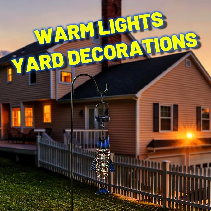 HONGLAND Patio Deals, Solar Lanterns Outdoor Waterproof, 2 Pack Metal Fish Lantern with Warm White LED Lights for Garden, Yard, Gifts for Fishermen & Holiday Decor