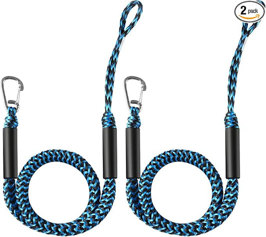 Bungee Dock Line with Stainless Steel Clip – Boat Dock Rope with Foam Float for Kayak, Canoe, Pontoon, Watercraft, SeaDoo, Docking – 4–5.5 ft, 2 Pack（Blue&Black）