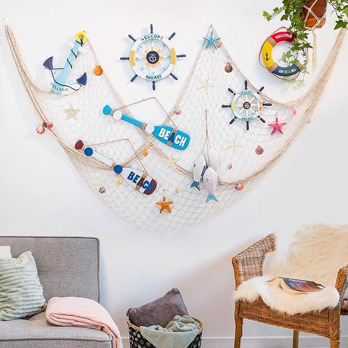 Fangoo 79x39 Inch Nautical Fishing Net Wall Decorations for Under the Sea Party with Shells and Starfish Crafts Bathroom Ceiling Table Decor for Beach Ocean Pirate Wedding Themed Party (beige)