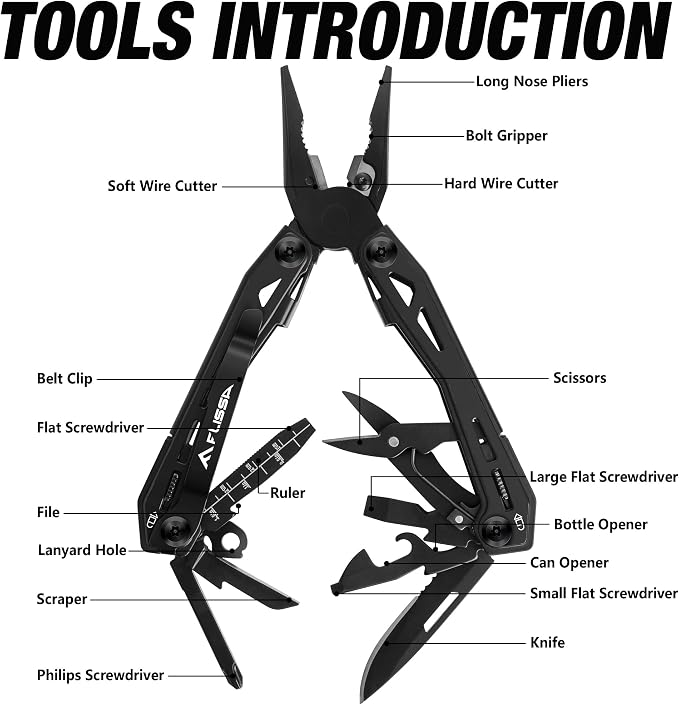 FLISSA 16-in-1 Stainless Steel Multi Tool, Gifts for Men Dad, EDC Multitool with Pocket Knife, Pliers, Belt Clip and Oxford Sheath, Self-locking Utility Multi-Tool for Camping Survival Outdoor