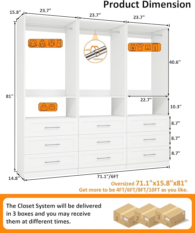 Closet System with Wooden Drawers, 6FT Closet Organize System with Drawers & Hanging Rods &for Walk in Closets, 3PCS*24" Freestanding Closet System, White(6FT)