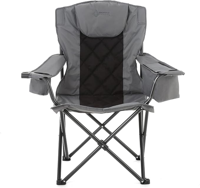 ARROWHEAD OUTDOOR Portable Deluxe Folding Camp Quad Chair w/Headrest, Glass & Cup Holders, Armest 6-can Cooler, Heavy Duty Carry Bag, 550 lbs Weight Capacity
