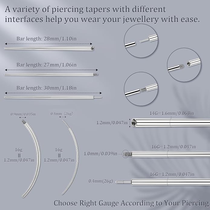 14G 16G 18G 20G Piercing Taper Piercing Ball Grabber Tool Stainless Steel Flat Back Earring Applicator Tool Threadless Insertion Pin Curved Body Piercing Kit for Ear/Nose/Navel/Lip/Eyebrow