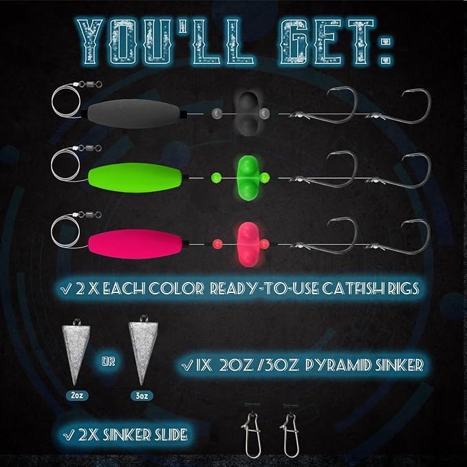 Narcissus Catfish Rigs Set – 6 Pre-Tied Rigs with 2 Sinker Sliders, Float Rigs Tackle, Santee Rig, Circle Hooks 6/0 – Complete & Ready-to-Use Kit