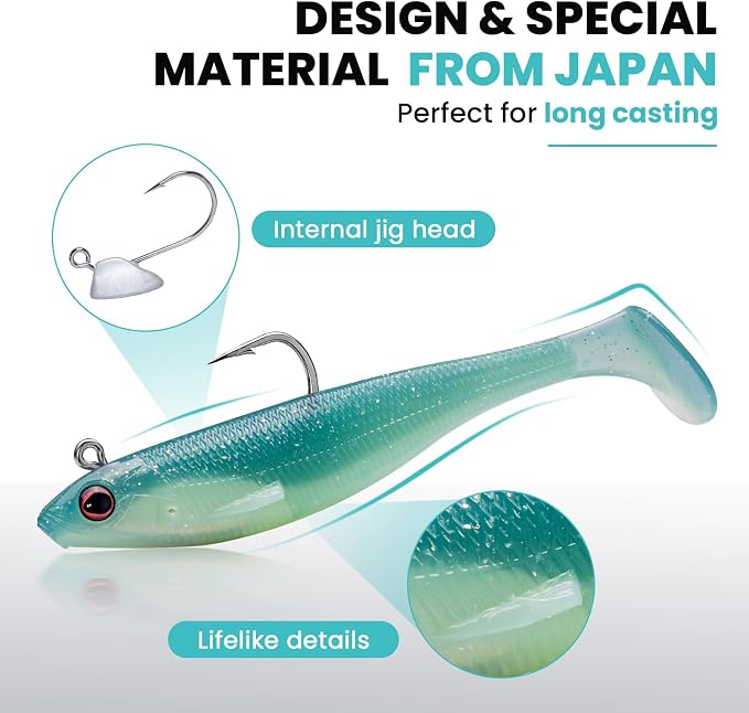 TRUSCEND Shadtale Easy Catch Soft Fishing Lures with BKK Hooks - Trembly Sinking and Vibrating Swim for More Bites, Pre-Rigged Swimbaits for Bass, Trout, Crappie, Walleye, Freshwater Saltwater Fishing