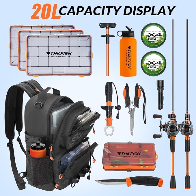 THKFISH Waterproof Fishing Backpack with Rod Holder, 20L Lightweight Fishing Tackle Sling Bag Store Gear and Equipment