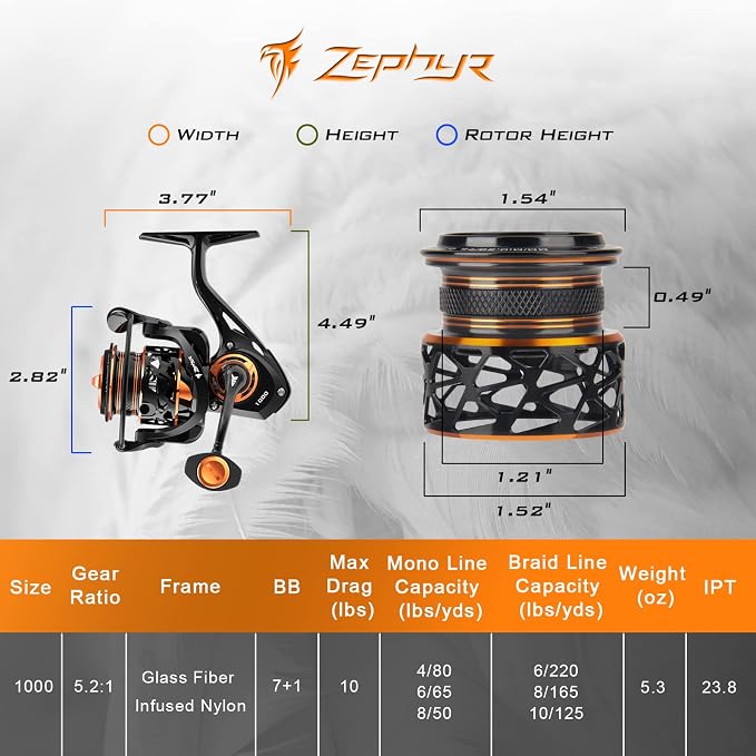KastKing Zephyr Spinning Reels – 7+1/6+1 BB – Carbon Fiber Drag – Stainless Steel Shaft – Aluminum & CNC Spool – Black/Green/Orange – Sizes 500/1000 SFS – ICE Fishing Ready Reels!