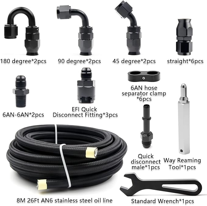 6AN PTFE Fuel Line Kit, Nylon Stainless Steel Braided Fuel Hose, LS Swap EFI E85 Injection Fuel PTFE Fitting 3/8" 26FT