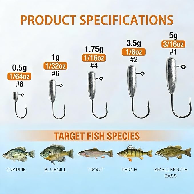 25pcs/Box Mini Tube Jig Heads (1/64oz–3/16oz, #1–#6 Hook Sizes) – 90° Water Drop Design for Crappie, Panfish & Bass Fishing