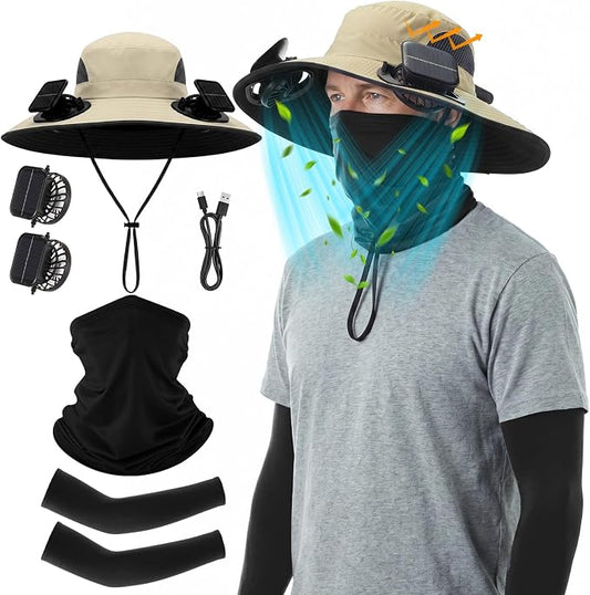 Syhood Solar Powered Fan Hat Neck Gaiter Arm Sleeves Sun Bucket Hat with Fan Cooling Wide Brim Hats for Fishing Hiking