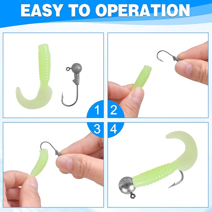Grub Lures Fishing Jigs Head Hooks Kit- Crappie Jigs Soft Plastic Grub Tail Worm Lure Bait Buster Tubes Baits for Bass Trout Saltwater Freshwater Fishing