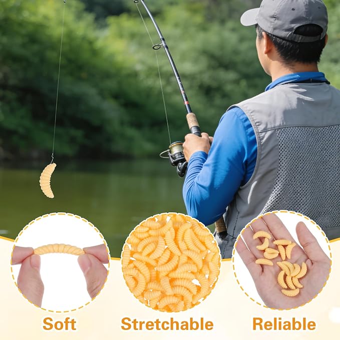 150 Pcs Fake Maggots Fake Wax Worms Soft Bass Maggot Baits Bread Worm Fish Lure, Fake Worms for Fishing, Realistic False Wax Worm Fishing Lures Baits for Halloween Sensory Bin April Fool's Day Party