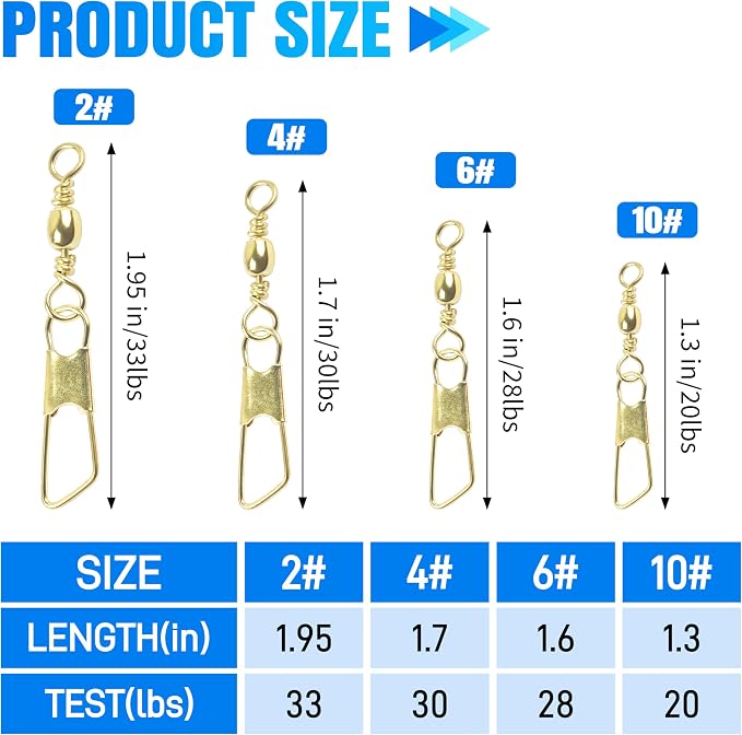 AGOOL Fishing Swivels Snaps, 60/120pcs Barrel Swivels with Nice Snaps Gold High Strength Solid Rings Line Lures Connector Fishing Tackle Accessories