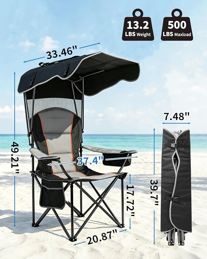HOPERAN Camping Chair with Canopy, Heavy Duty Beach Chair with Umbrella Cooler Bag Cup Holder Side Pocket Supports 500lbs, Outdoor Folding Chair with Shade for Beach, Lawn, Fishing, Sports