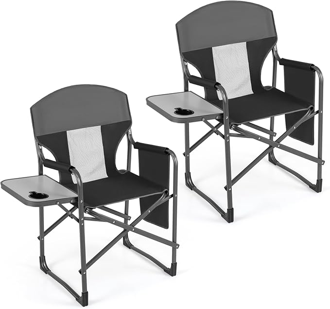 COSTWAY Oversized Folding Camping Chair with Padded Seat, Side Table, Cup Holder & Storage Pocket, Heavy-Duty Portable Director's Chair for Beach, Fishing, Picnic & Sports, Supports 400 lbs (Black,2)