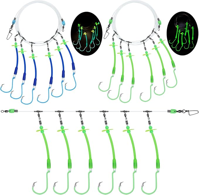 Pre-Rigged Deep Drop Saltwater Rigs – Glow Tubes, Hooks, Beads & Spinner Blade – 6/0 8/0 Circle Hooks for Snapper/Grouper/Tilefish (3/6 Hooks)