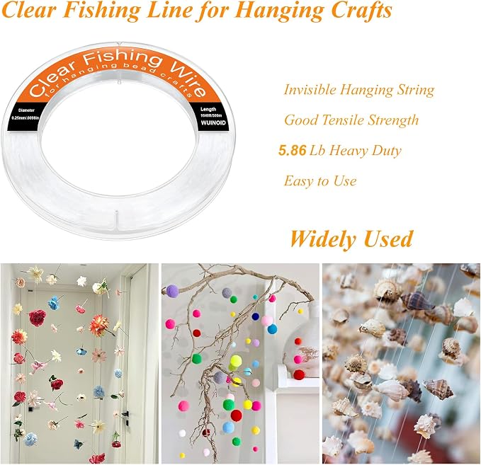 Clear Fishing Line Wire 755 ft, Invisible Monofilament Fishing Line Wire, Nylon String for Hanging Balloons Garland Crafts Picture Decorations, Clear String Threads Cords WUINOID