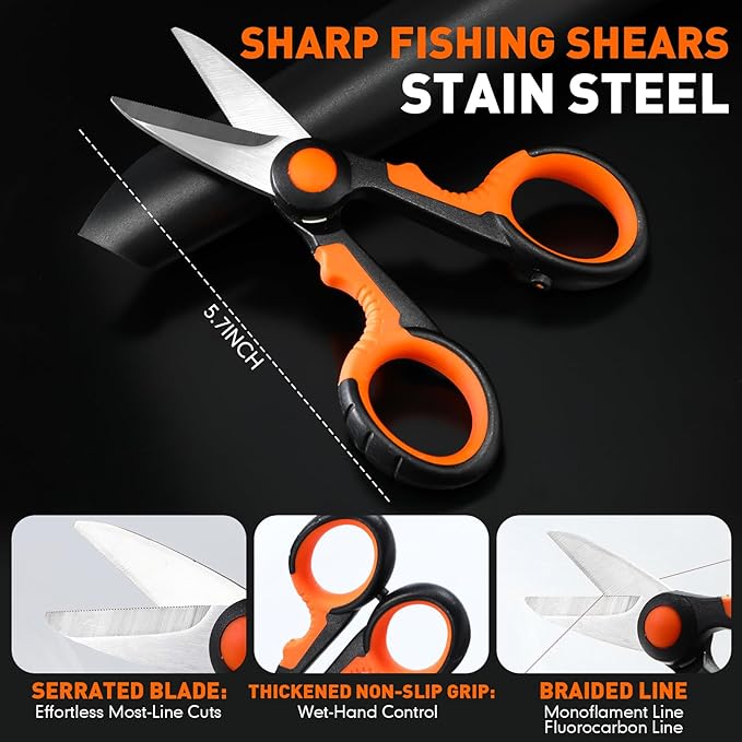 RoundFunny 13 Pcs Fishing Tool Kit, Fishing Pliers with Lanyard, Fillet Knife, Fish Lip Gripper, Hook Remover, Braid Scissors, Sharpening Rod, Tool Retractor, Gloves, Microfiber Towel, Storage Bag