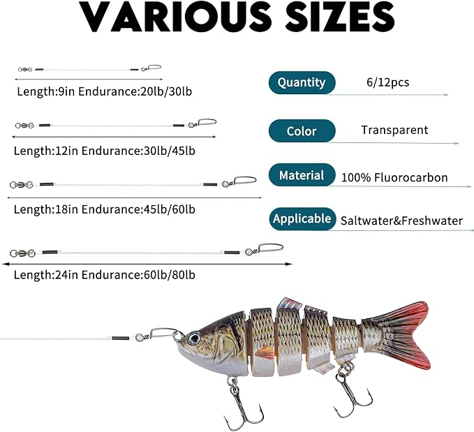Eupheng Fluorocarbon Fishing Leader, 6/12PCS 20LB-80LB Invisible Fluorocarbon Leaders with Swivel and Snap,100% Fluorocarbon Leaders Line for Saltwater Freshwater
