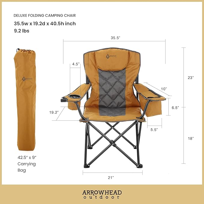 ARROWHEAD OUTDOOR 2-Pack Portable Deluxe Folding Camp Quad Chair w/Headrest, Glass & Cup Holders, Armest 6-can Cooler, Heavy Duty Carry Bag, 550 lbs Weight Capacity