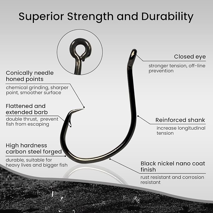 Pristis 25 Pack High Carbon Steel Fishing Hooks, Reinforced EWG Circle Octopus Round Bend 60 Degree Wide Gap Strong Barbed Worm Fish Hook Jig Bait Rig for Saltwater Freshwater Bass Tuna Walleye Trout