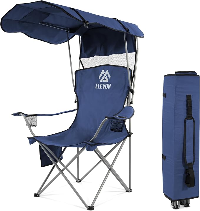 Elevon Camping Chair, Oversized Folding Chair with Canopy, Portable Outdoor Chair with Arms, Cup Holder and Carry Bag for Camping, Fishing, Beach, and Sports, Navy Blue