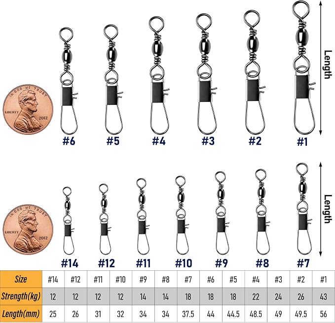 Alwonder 100-Pack Fishing Snap Swivels, Barrel Swivels Fishing Tackle with Snaps Freshwater, Stainless Steel Safty Interlock Snap Swivel Black Nickel Coated Lure Hook Connector Quick Change Clips