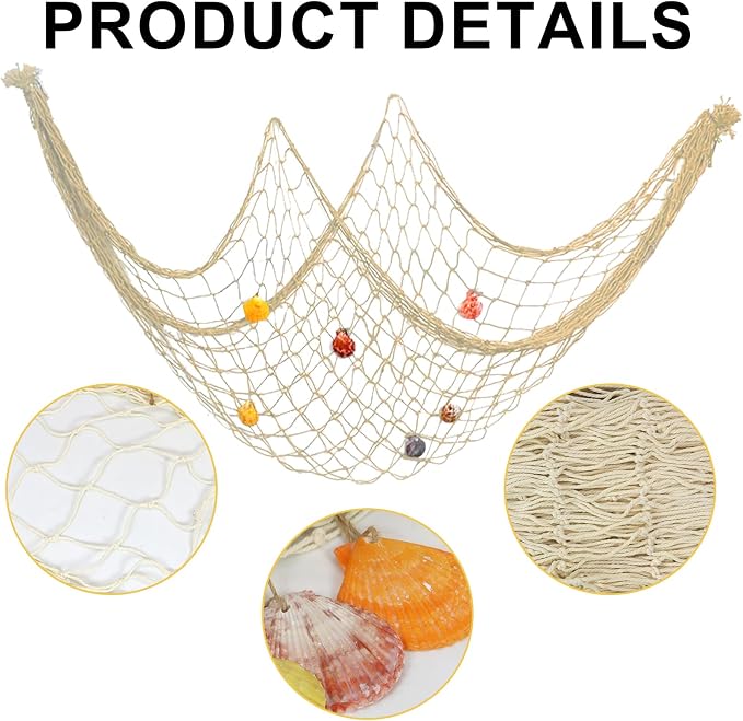 2 PCS Fish Net Decorations with Shells 80 x 40 Inch Ocean Themed Party Decor Beach Nautical Wall Hanging Fishing Net for Coastal Bedroom Bathroom or Under The Sea Party Decorations (Beige-with shells)