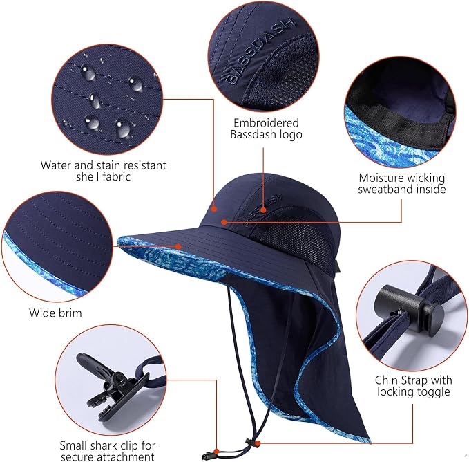 BASSDASH UPF 50+ Unisex Water Resistant Wide Brim Sun Hat with Large Neck Flap Ponytail Fishing Hat for Men Women