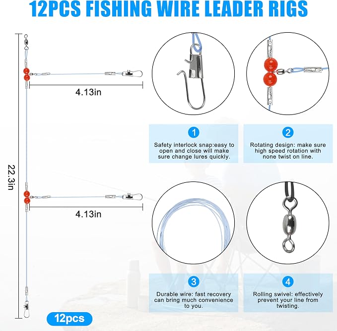 Saltwater Surf Fishing Tackle Kit - Saltwater Surf Fishing Rigs Bottom Rigs Include Fishing Leader Rigs Pyramid Sinkers Bass Casting Sinker Circle Hooks for Striped Bass Red Drum Flounder