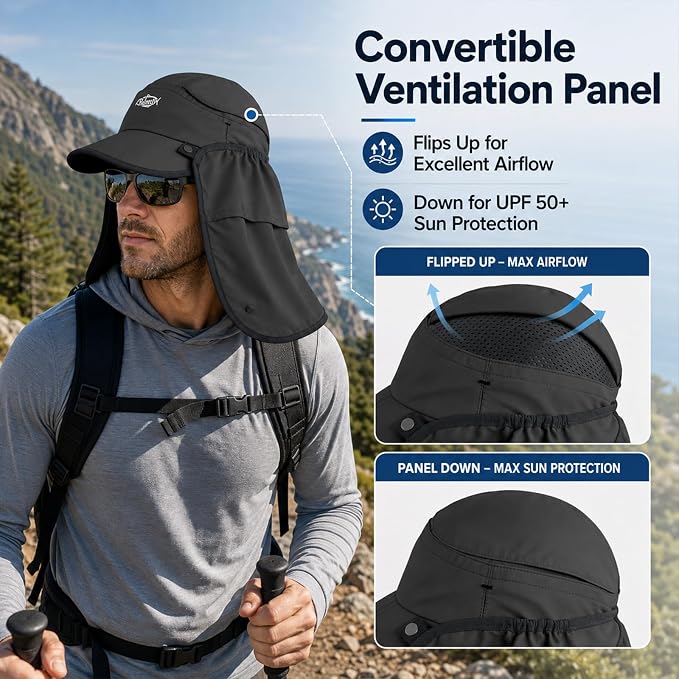 Palmyth Fishing Sun Hat with Detachable Neck Flap UPF 50+ Lightweight Hiking Hats Sunglass Lock Baseball Cap for Men Women