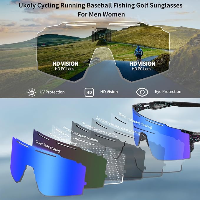 Ukoly Cycling Sunglasses for Men Women with 3 Interchangeable Lenses, Polarized Sports Sunglasses, Baseball Sunglasses