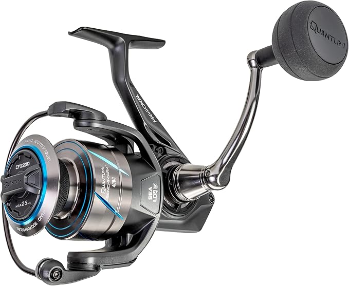Quantum Benchmark Spinning Fishing Reel, 5+1 Bearings, Aluminum Frame, SEALOQ 6 Protection, GEARTEQ Machined Gears, CFX200 Carbon Fiber Drag, Silver/Blue