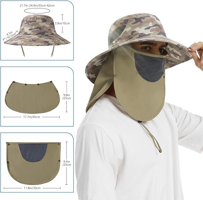 BASSDASH UPF 50+ Breathable Sun Hat with Removable Face Cover and Neck Flap Wide Brim Bucket Hat for Fishing Hiking Men Women