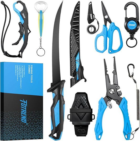 Fishing Tool Kit, Fishing Gear - Fishing Plier with Sheath, Fillet Knife, Fishing Scissors, Fish Lip Gripper, Tool Retractor, Keychain Bottle Opener, Fishing Gifts for Men