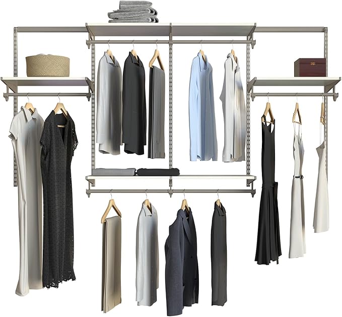 Closet Culture Steel Closet Organization System, Mounted Storage Kit with Shelves and Hanging Rods, 8 ft., 0300-KITA-8WT. White Finish