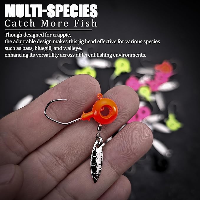 30 Pcs Crappie Jigs Heads Kit, Scent Holder Underspin Fishing Jig Heads Hooks Lures for Freshwater Saltwater, Swimbait Jigheads with Spinner Blade for Crappie Bass Trout Walleye 1/8oz, 1/16oz
