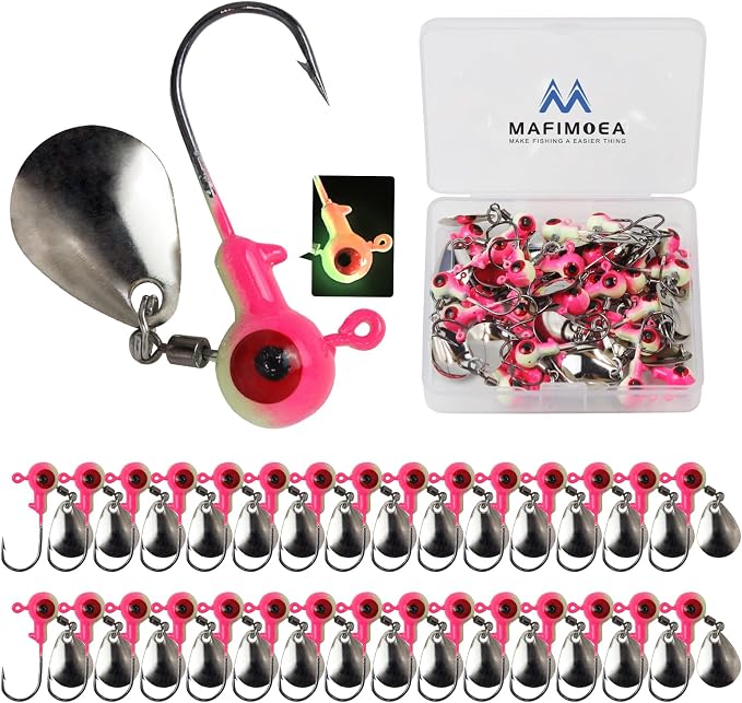 15/20/30Pcs Underspin Jig Heads with Spinner Fishing Jig Heads Hooks Set Crappie Jigs Fishing Jig Hooks Assortment Saltwater Freshwater Bass Crappie Trout Glow in The Dark…