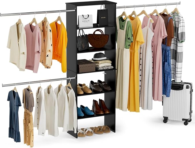 ROOMTEC Closet System, 25.5" Wide Wall-Mounted Closet Organizer Kit with Wood Storage Tower and 3 Hanging Rods, Wardrobe Closet System for Walk-In Closets, Black