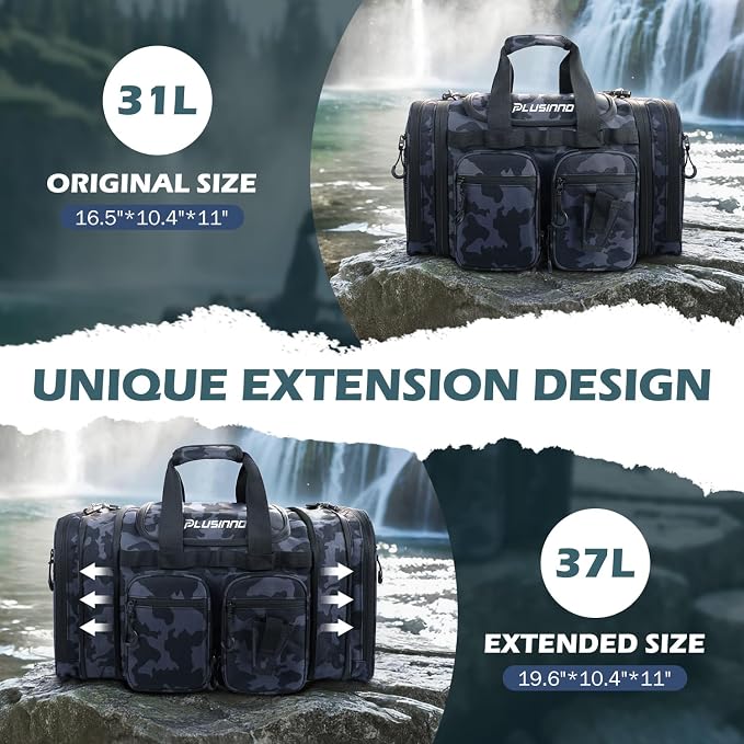 PLUSINNO Tackle Bag - Expandable Fishing Bag with fishing net for Saltwater & Freshwater - Water Resistant Fishing Gear Shoulder Bag For Men